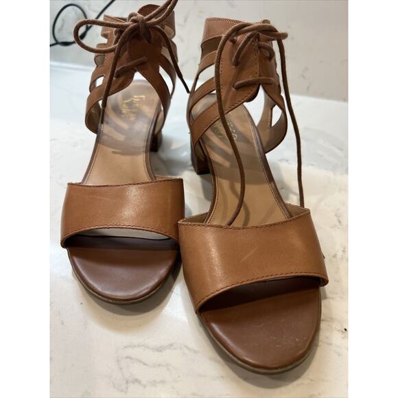Franco Sarto Flourish 9.0 Tan Leather Chunky Block Lace Strappy Open Toe Sandals - Picture 3 of 7